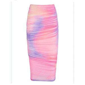 Ser.O.Ya XS Ruched Mesh Midi Skirt Pink & Purple Gradient Stretchy Fabric